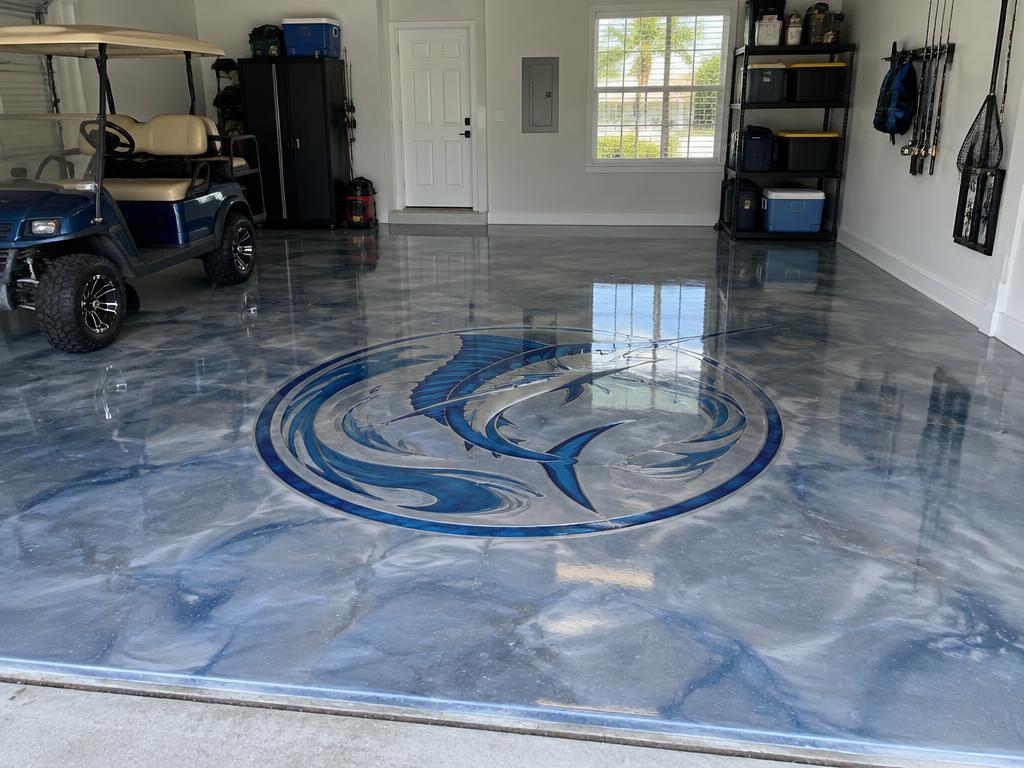 Marlin logo medallion inlaid in a metallic epoxy garage floor