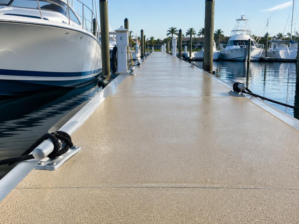 Non-slip textured coating on a marina dock walkway